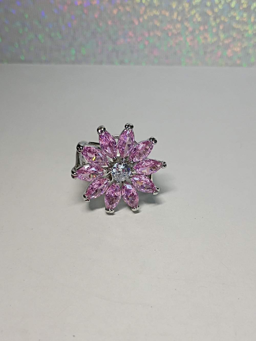 New Pink Floral Crystal Statement Ring - Women Jewelry